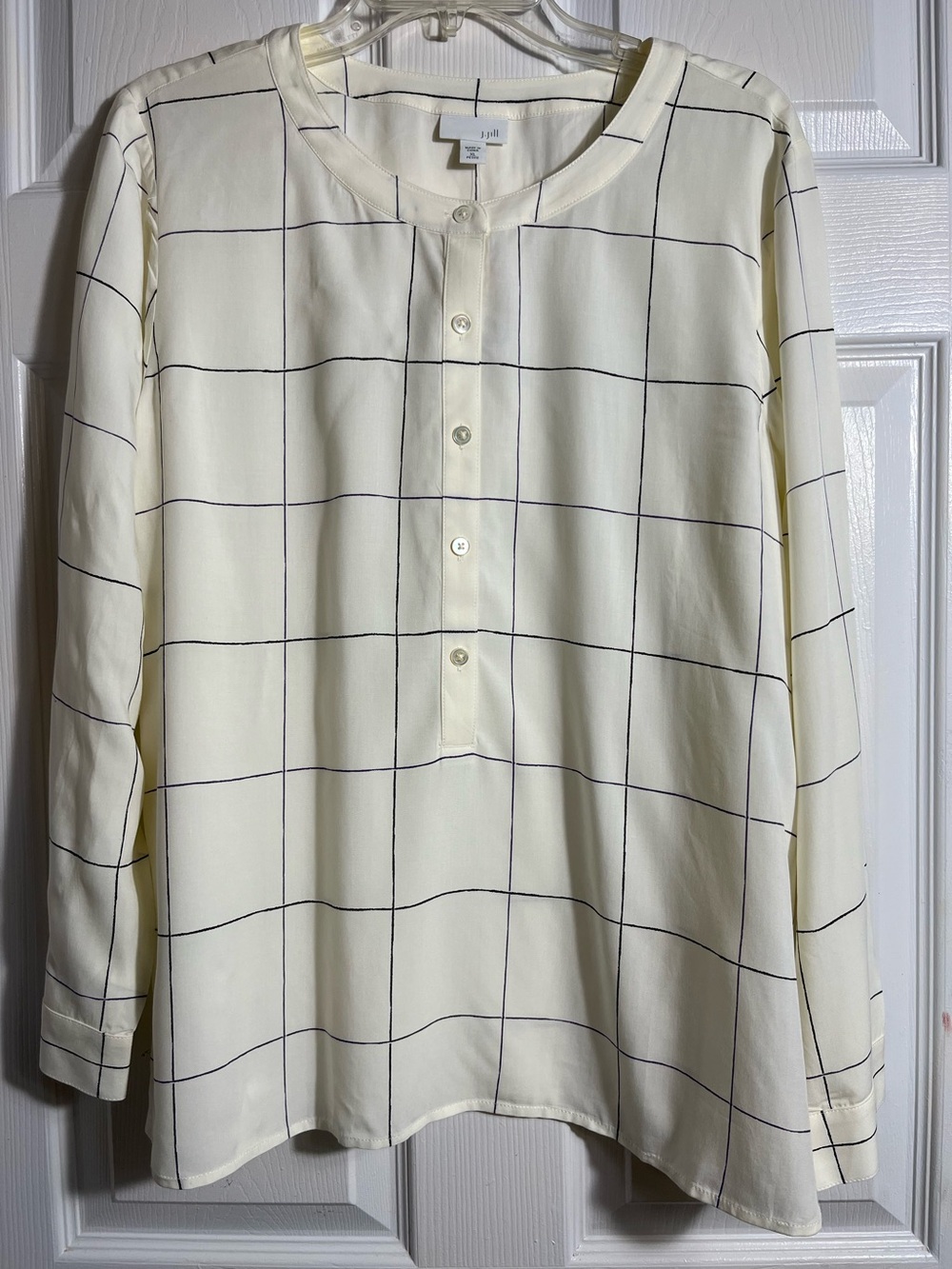 NWT J. Jill Cream Blouse with Black Grid Stitching XL